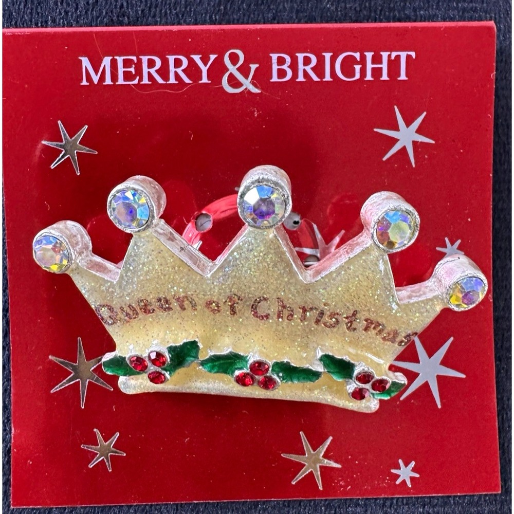 Vintage Queen of Christmas Crown Brooch Rhinestone Holly Holiday Pin NOS